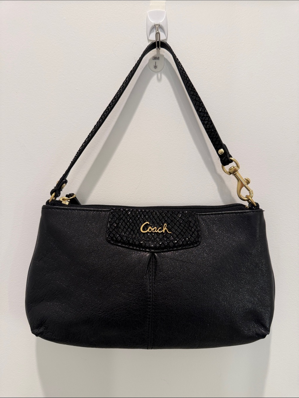 Coach Ashley Black Leather Wristlet Shoulder Bag with Gold-Tone Cursive Logo